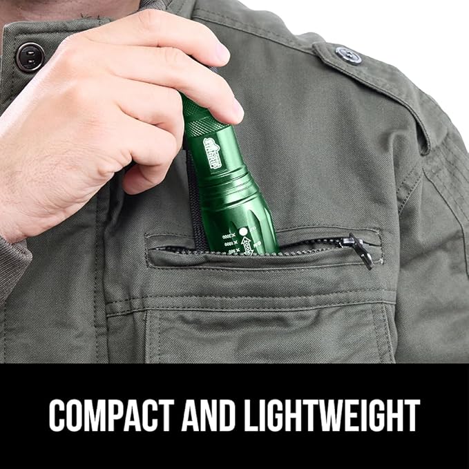 GORILLA GRIP Powerful LED Tactical Flashlight, 750 FT High Lumens 5 Adjustable Modes, Water Resistant, Ultra Bright Zoom Flashlights, Small Mini Flash Light, Camping, Night Dog Walking, Green
