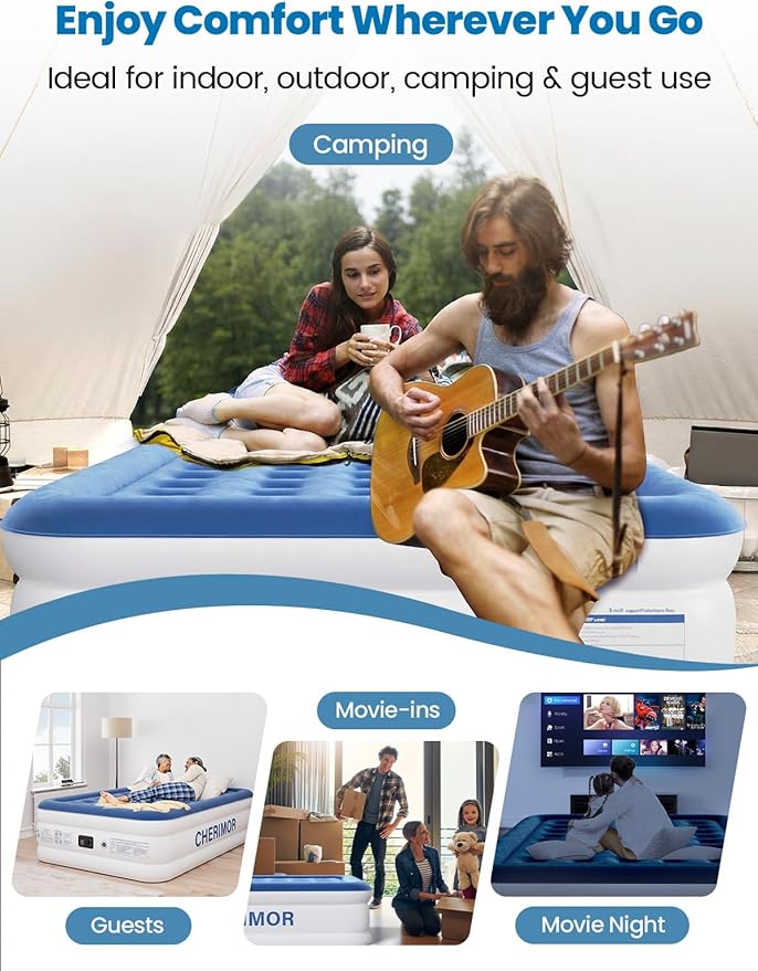 Queen Air Mattress with Built-in Pump, 18" Raised Comfort, 48Hr Leak-Proof Test, Upgraded Honeycomb Pillar Design, Supports 800 lbs, 3-Min Inflation-Inflatable Bed for Home Guests-Blue