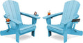 KINGYES Folding Adirondack Chair Set of 2, Dual Cup Holders & All-Weather HDPE, Wood-Like Patio Chair for Backyard, Camping, Pool & Fire Pit, Light Blue