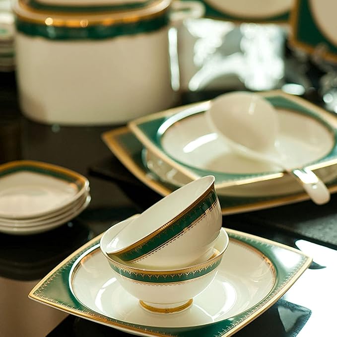 Square Stoneware Tableware Set 58-Piece Phnom Penh Bone China Porcelain Tableware Set, Service for 6-10, Green