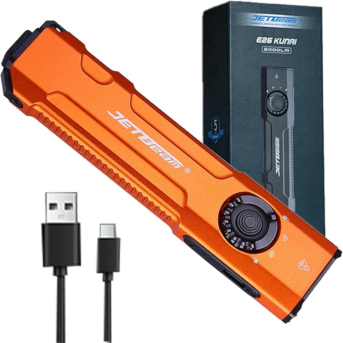 JETBeam E26 Rechargeable EDC Flat Flashlight 4 Constant Brightness Modes+Strobe+1300mW UV+Green Beam Combo,1800 Lumens Portable Pocket Lights,IPX-8,Triple Sources for Outdoors,Emergency,Working