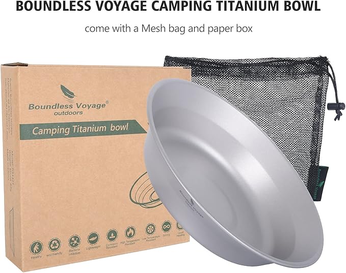Boundless Voyage Ultralight Titanium Bowl Pan Plate Dish with Carry Bag Outdoor Camping Portable Tableware Cookware (Ti1112T (Shallow Bowl))