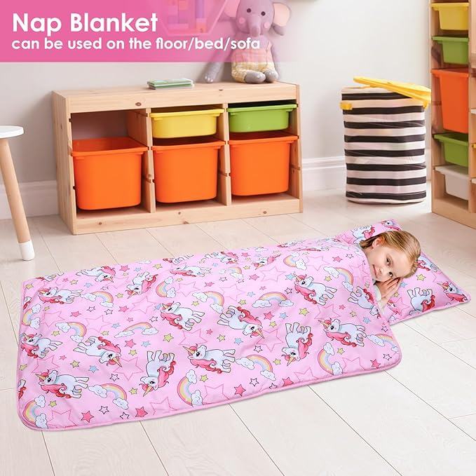 Kids Nap Mat Portable Slumber Bags with Removable Pillow and Blanket for Girls Boys, Lightweight Extra Large Sleeping Bag for Preschool Camping Daycare