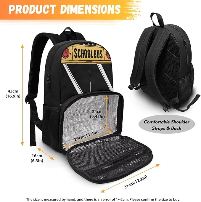 School Bus 17 Inch Kids Casual Backpacks with Insulated Cooler Lunch Compartment Lightweight Elementary Students Knapsack Primary Middle High School Bookbag