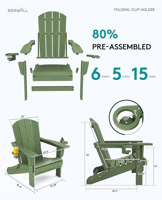 SERWALL Adirondack Chair with Cup Holders - Composite Adirondack Chairs Set of 2 HDPE Outdoor Chairs All Weather Use- Avocado