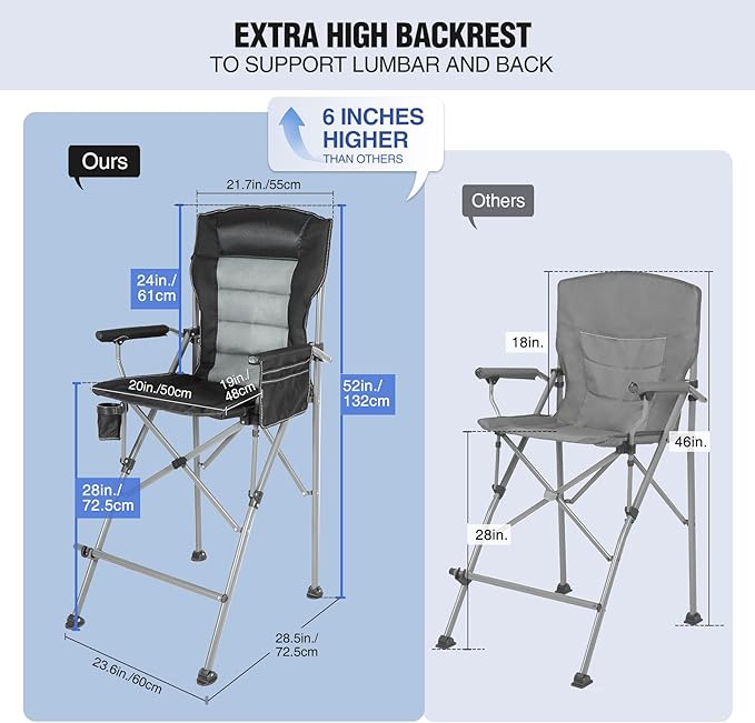 Extra Tall Folding Chairs for Adults 2 Pack, Portable Bar Height Foldable Director Chairs for Camping Outside, Comfortable with Makeup PocketHigh Back and Footrest, Black and Red