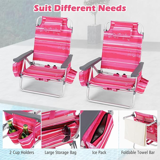 Tangkula Set of 4 Backpack Beach Chair, 5-Position Lay Flat Beach Chairs with Cooler Bag, 2 Cup Holders, Towel Bar, Lightweight Low Folding Beach Chair with Backpack Straps