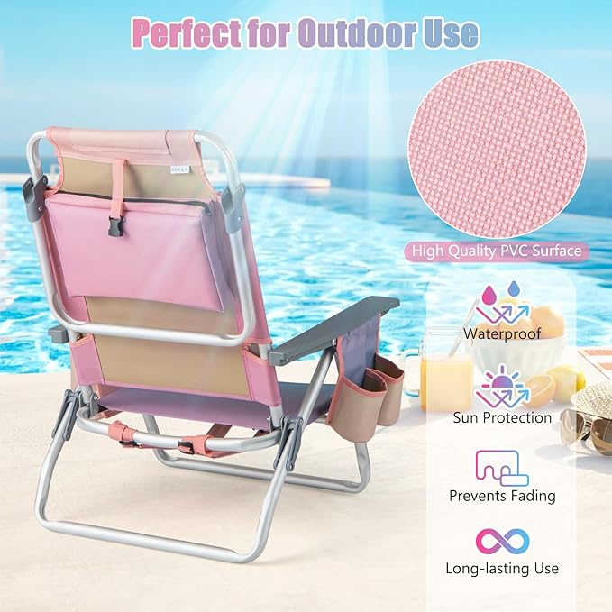 GYMAX Beach Chairs, Backpack Camping Chair with Armrest, Cooler Bag, Cup Holder, Towel Bar & Side Pockets, Sunbath Sling Tanning Lounge, Folding Layout Chair (Without Table, Pink)