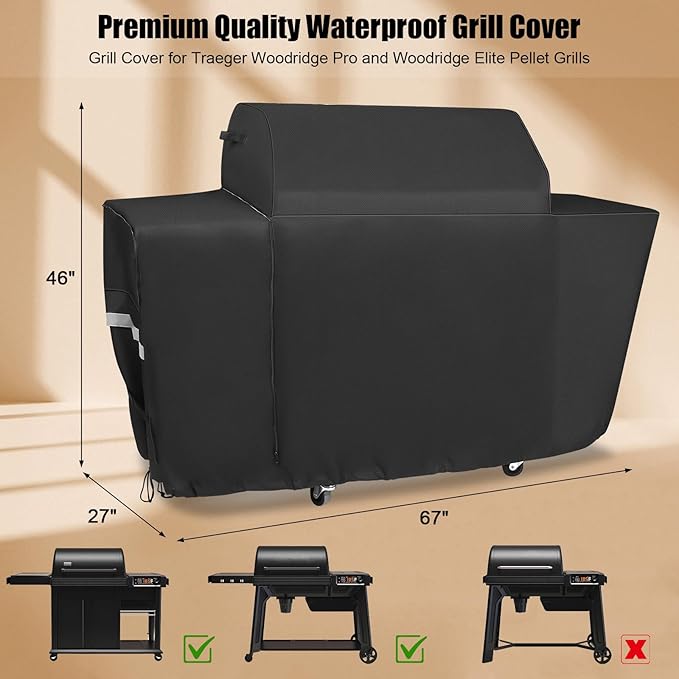 QuliMetal Grill Cover for Traeger Woodridge Pro & Elite - 600D Heavy Duty Waterproof TFB97JLH TFC97XLH BBQ Grill Cover for Traeger Grills BAC776 Full-Length All Weather Grill Cover Accessory
