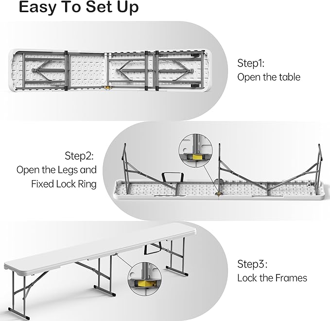 6 Foot Folding Bench, Portable Plastic Folding Bench Seat, Foldable Seat for Indoor Outdoor Picnic Camping Dining, Soccer Garden Multipurpose Entertaining Activities, White, 2 Pack