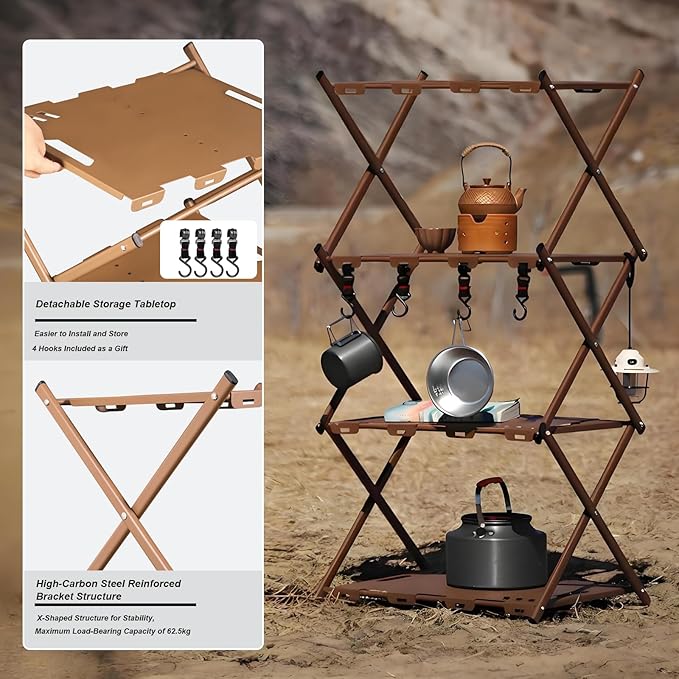 Portable Camping Table & Shelf, 2-in-1Folding Carbon Steel Picnic Rack 37" 4-Tier Storage Cook Station with 4 Hooks,Perfect for Party, Dining, Camping, BBQ, Indoor, Outdoor