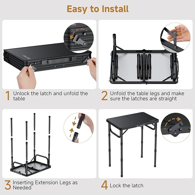 Folding Camping Table, 22" x 15" Picnic Table with 3 Adjustable Height Max 27.5", Matte Black Aluminum Folding Table with Handle for Party, Dining, Garden, Patio, Market