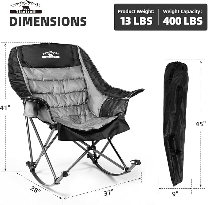 Oversized Rocking Camping Chairs Set of 2, Fully Padded Camp Chairs for Adults with Side Pocket and Cup Holder, Heavy-Duty 400lbs Capacity, Black & Gray