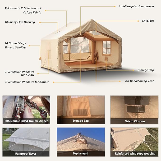 Inflatable Tents for Camping, Large Inflatable Camping Tent with Hand Pump, Easy Setup Tents for 2/4/6/8/10/12 People, Portable Glamping Tent