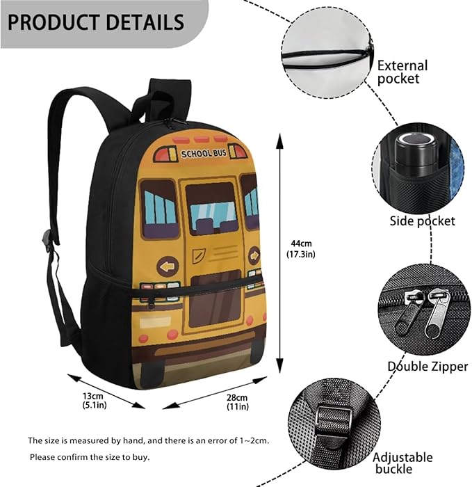 3 Pcs Cartoon School Bus Print Backpack Set with Lunch Bag and Large Capacity Pencil Box, Lightweight Schoolbag for Elementary Kindergarten Students Traveling Camping