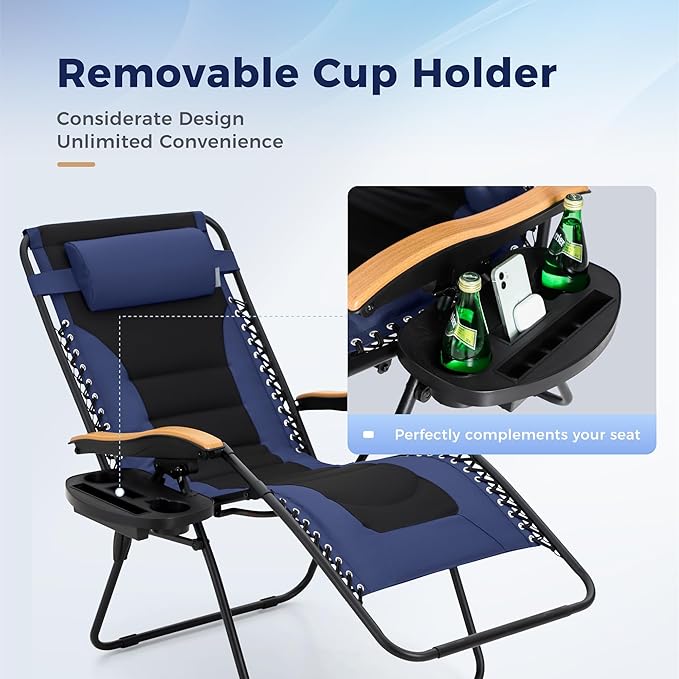 MAISON ARTS Oversized XXL Padded Zero Gravity Chair, 30" Wide Seat Foldable Patio Recliner, Anti Gravity Outdoor Lawn Chair with Cup Holder & Pillow, Supports 400lbs, Blue