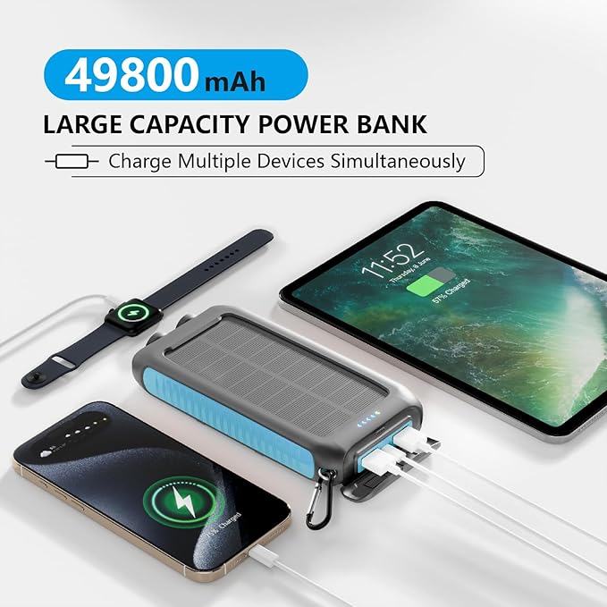 Solar Charger Power Bank 16000mAh Portable 15W Fast Charging Power Bank with QC3.0 USB-C & Dual USB-A Ports for Cell Phones, LED Flashlight, Carabiner, Waterproof Solar Panel for Camping, Outdoor