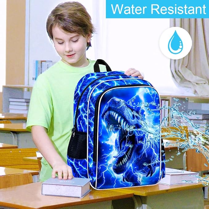 17" Dinosaur Backpack for Boy, 3Pcs Lightning Bookbag for Elementary Preschool Kindergarten, Kids School Backpacks with Lunch Box (Blue)