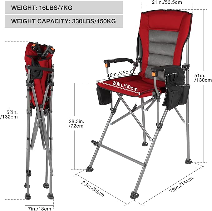 REDCAMP Oversized Tall Camping Chair for Adults, 330lbs Portable High Folding Directors Chair, Foldable Bar Height Stool with Makeup Pocket for Lawn Sport Face Painting, Red