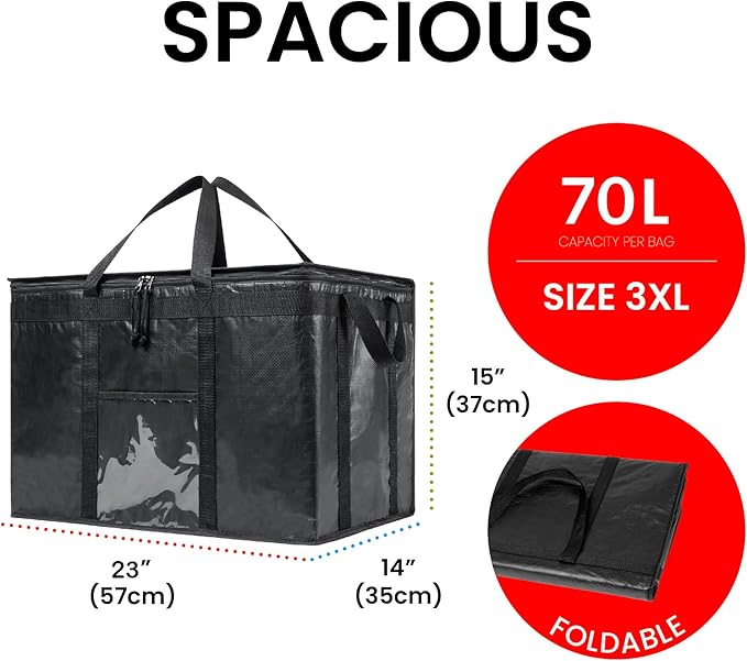 NZ home Insulated Bags for Food Delivery (3XL PRO) Grocery Shopping Cooler Bag, Pizza Delivery, Hot & Cold Catering Tote, Reusable, Foldable & Heavy Duty (2 Pack, Black)