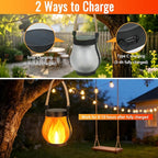 2 Pack Solar Lights Outdoor, Flickering Flame Garden Lights with 2 Modes, Dual Charging USB & Solar Powered, Outdoor Waterproof Hanging Lanterns for Holiday Patio Yard Decor