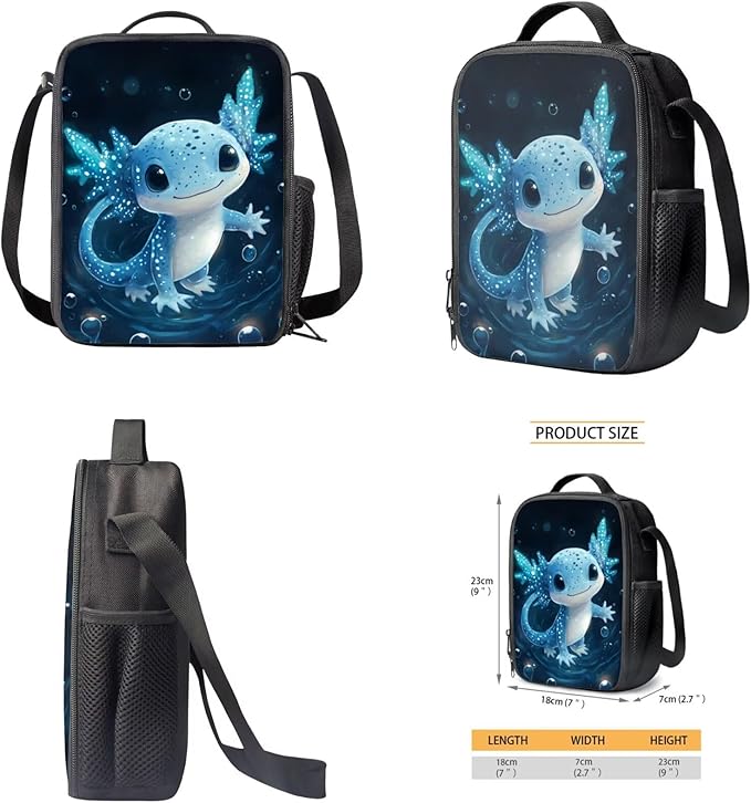 Axolotl Backpack and Lunch Box Blue Bookbag Lightweight Casual Bookbag and Lunch Box Set for Boys 4 Pcs Boys School Backpack 10-12 Years Old for Daypack Hiking Outdoor Travel