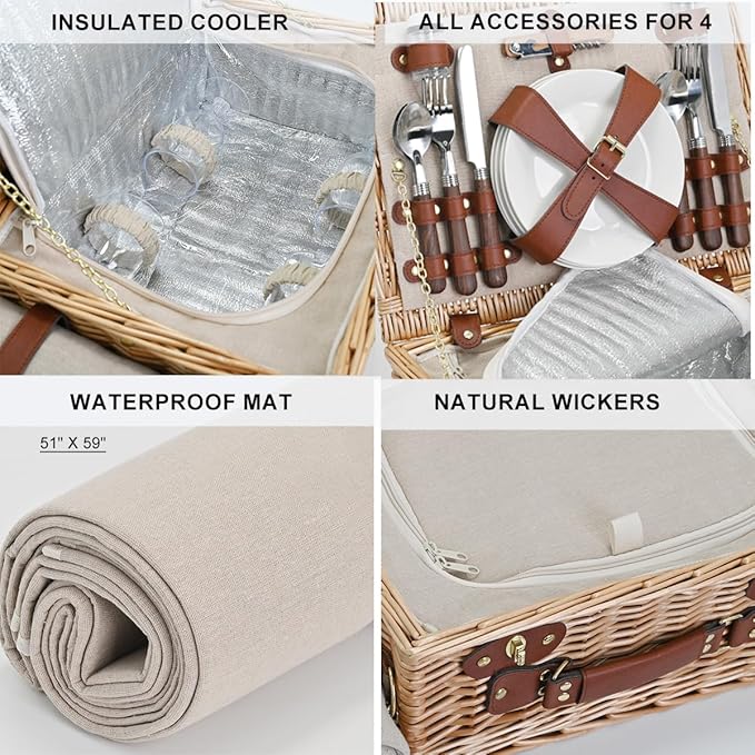 Picnic Basket with Blanket and Wine Pouch for 4, Wicker Picnic Set with Insulated Liner Cooler Bag Hamper for Camping,Wedding - Natural