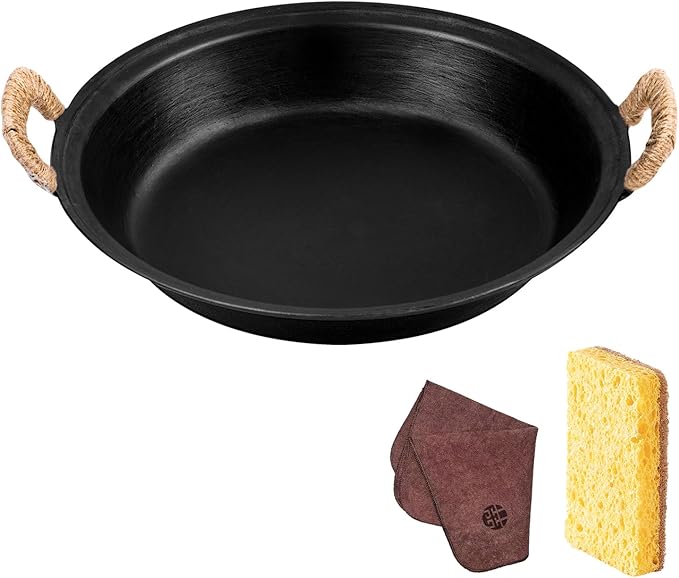 WANGYUANJI 14.2 inch Cast Iron Skillet & Grill Pan – Heavy-Duty Coating-free, Smokeless Flat Bottom, Dual Handles, All Stovetops, Indoor/Outdoor Use - Black