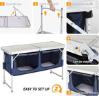 VINGLI 4 Ft Folding Table, Aluminum Camping Table, Picnic Table with Storage, Adjustable Height for Outdoor Beach BBQ Backyards Travel Party (White ＆ Blue)
