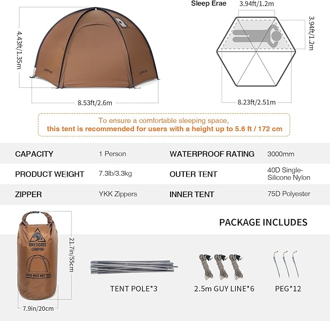 OneTigris Coco NEST Solo Hot Tent with Stove Jack, 3000mm Waterproof Windproof Free-Standing Dome Tent with Mesh Inner