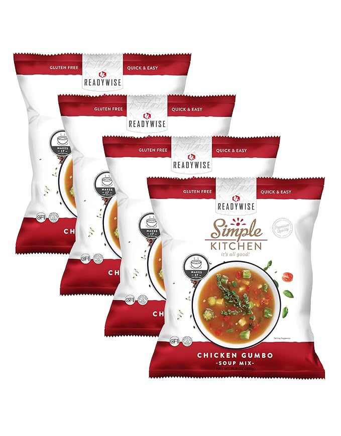 Simple Kitchen Chicken Gumbo Soup Mix - 17 Servings for Family Meal Prep, Gluten Free, Dehydrated & Freeze Dried Survival Food for Camping Meals, Backpacking & Hiking, Survival Kit, Pack of 4