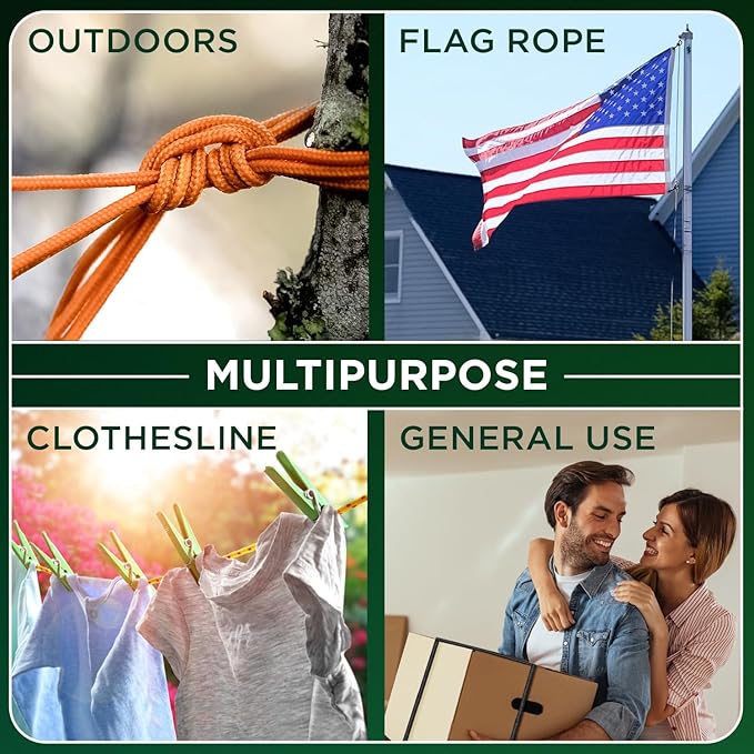 TECEUM Rope – 90 Feet x 1/4 Inch (7mm) – Green Gray – Strong All-Purpose Utility Rope – Camping, Crafting, Flag Pole, Indoor & Outdoor – Polypropylene Nylon Poly Lightweight Diamond Braided Cord