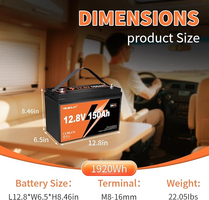 12V 150Ah LiFePO4 Lithium Battery Built-in 100A BMS Low Tem Cut Off 1920Wh 15000+ Deep Cycle Rechargable Battery for Solar, RV, Marine, Off-Grid Applications