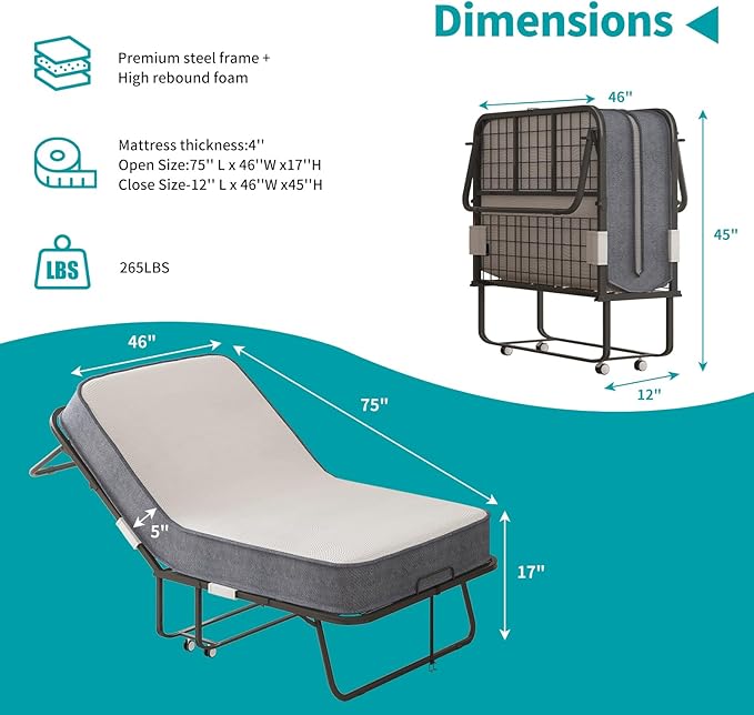 BALUS Folding Bed with Mattress, 75"x46" Rollaway Bed with Locking Casters and 5" Rebound Mattress, Metal Sturdy Twin Folding Frame for Storage, Foldable Single Bed for Bedroom/Guest Room(Standard)