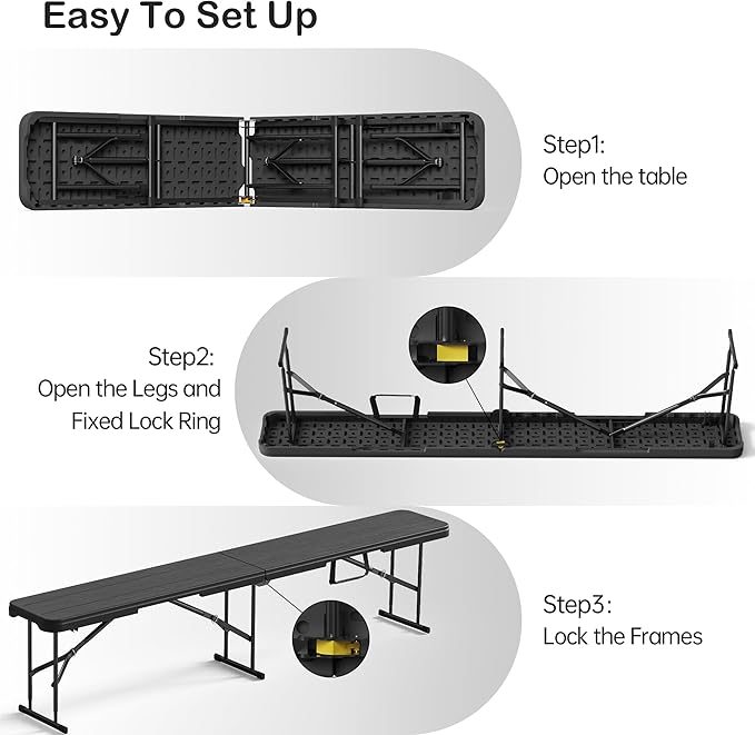 6 Foot Folding Bench, Portable Plastic Folding Bench Seat, Foldable Seat for Indoor Outdoor Picnic Camping Dining, Soccer Garden Multipurpose Entertaining Activities, White (Black, 1 Pack)