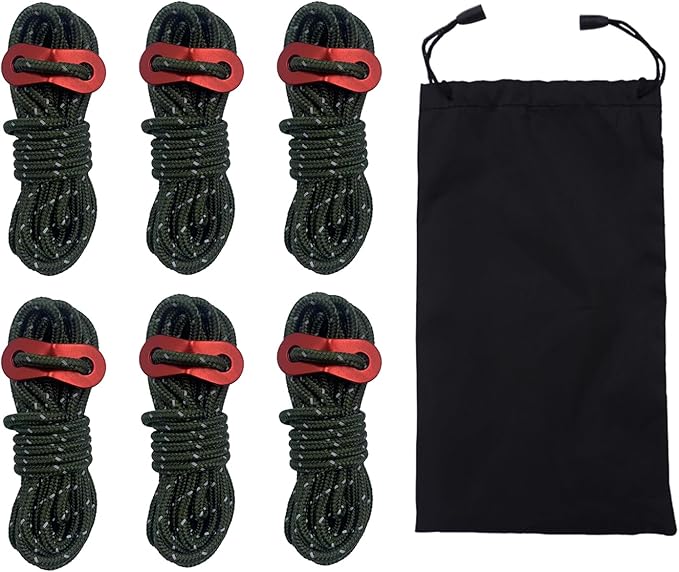 6 Pack Reflective Guyline Tent Rope with Aluminum Adjuster, Tent Kit for Camping Tent & Hiking Accessories - 4mm Thick and 4 Metre Length