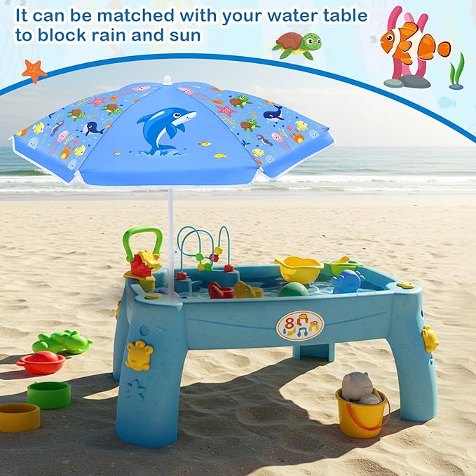 Sweetude Water Table Umbrella (Table Not Included), Kids Seaside Beach Umbrella Picnic Canopy for Summer Toddlers Sand Beach Camping Garden Outdoor Pool Shade Party Supply(Marine Animal Theme)