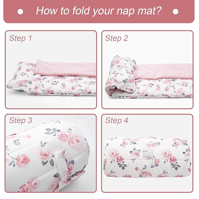 PHF Toddler Nap Mat with Removable Pillow and Minky Fleece Blanket, Rollup Design Warm Slumber Bags for Girls, 52"x20"x2" Kids Sleeping Bag for Daycare Preschool Travel Camping, Floral