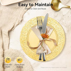 DYRABREST 100 Pcs 13 Inch Gold Charger Plates, Bulk PP Wedding Chargers with Floral Reef Design Decorative Round Ruffled Rim Dinner Plates for Wedding Party Event Table Setting Decoration
