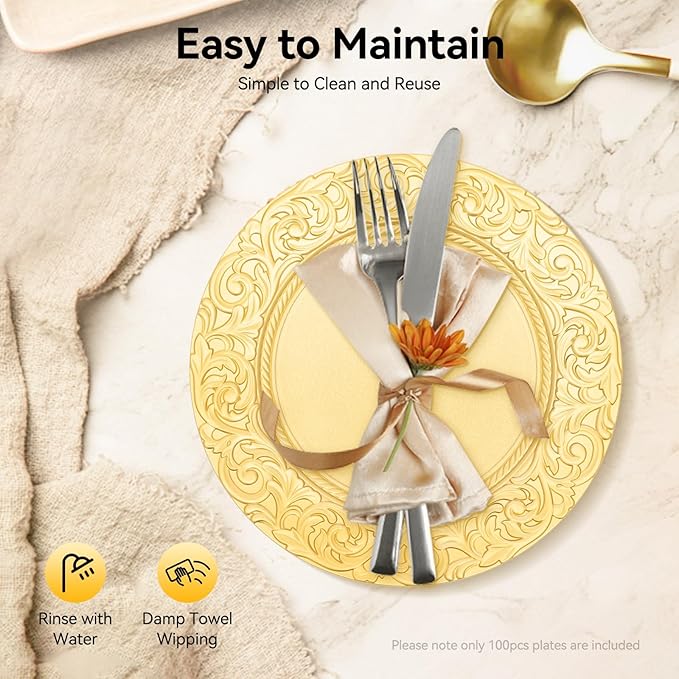 CNCEST 100 PCS Antique Charger Plates Bulk 13'' Plastic Embossed Dinner Plate Chargers Round Floral Plates for Wedding Decorative Chargers for Table Dinner Kitchen Party Decoration (Gold)