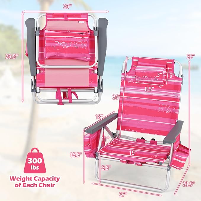 Goplus Beach Chair, Folding Backpack Beach Chairs for Adults with 5 Positions, Head Pillow, Cooler Bag, Towel Bar, Cup Holders, Sunbath Sling Tanning Lounge, Foldable Layout Camping Chairs