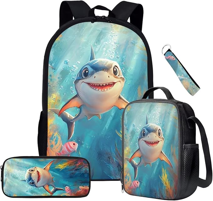Backpack and Lunch Box Set Boys Shark Backpack 3 Piece Lightweight Backpacks Travel Bookbag for Kids Mochilas Escolares Para Niños Kindergarten Elementary Middle with Wrist Strap Keychain