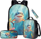 Backpack and Lunch Box Set Boys Shark Backpack 3 Piece Lightweight Backpacks Travel Bookbag for Kids Mochilas Escolares Para Niños Kindergarten Elementary Middle with Wrist Strap Keychain