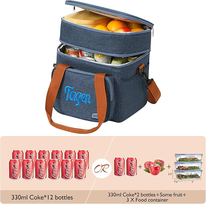 ‌Personalized Insulated Lunch Box for Men & Women - Reusable Leakproof Cooler Bag with Custom Embroidery Name, Expandable Compartment, Adjustable Strap for Work, Picnic, Camping (Black)