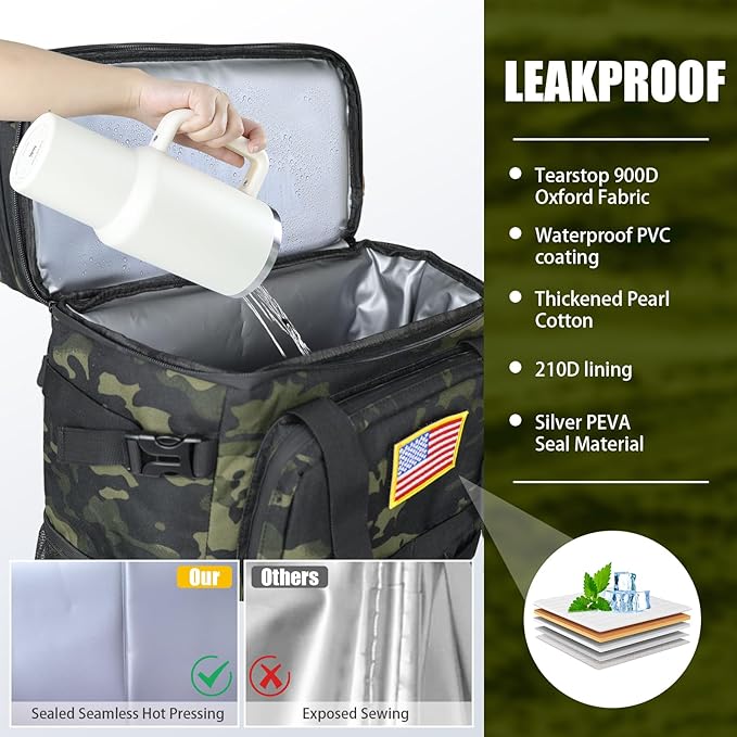 Tactical Backpack Cooler, AYAMAYA Leakproof 40 Cans Soft Cooler Backpack with Handle, Waterproof Insulated Tactical Lunch Box Bag for Work, Beach, Travel, Camping, Picnic, Hiking