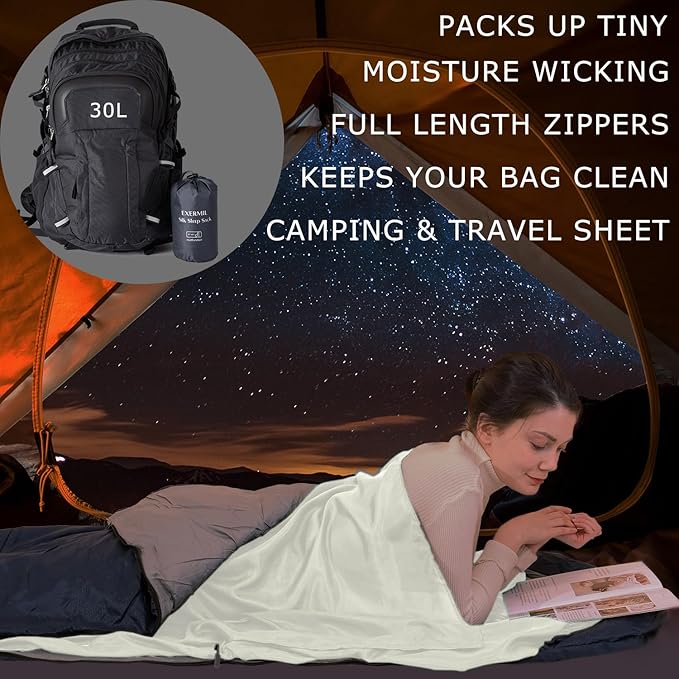 100% Silk Sleep Sack with Zippers on 3 Sides, 87”x43” Large Sleeping Liners for Hotels, Travel & Camping, Multifunctional Travel Sheets (Unzipped:87”x87”) for Adults, Lightweight, All Seasons