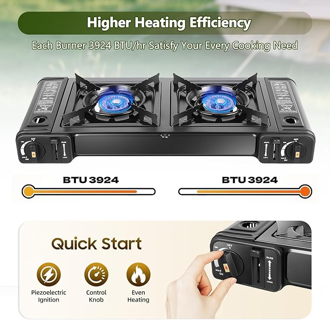 Double Burner Butane Stove, Butane Camping Stove Kit with Baking Pan and Carrying Case, Portable Camping Burner for RV, Apartments, Outdoor