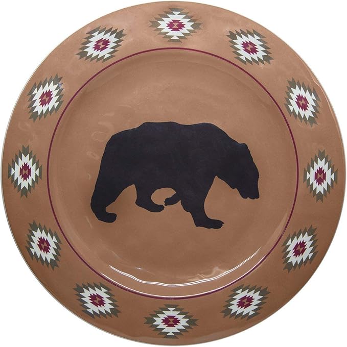 Paseo Road Aztec Bear 14 Piece Melamine Plastic Rustic Dinnerware Set, Brown Red Cream Green Bear Pine Tree Geometric Print, Cabin Lodge Southwestern Dish Set with Plates, Bowls