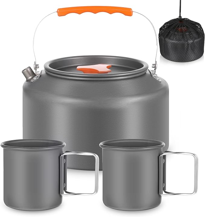 3 Pieces Camping Kettle 2.5 L Camp Tea Coffee Pot with 2 Cups & Carrying Bag Outdoor Campfire Camp Kettle Set for Open Fire, Outdoor Activity, Stove, Hiking, Backpacking