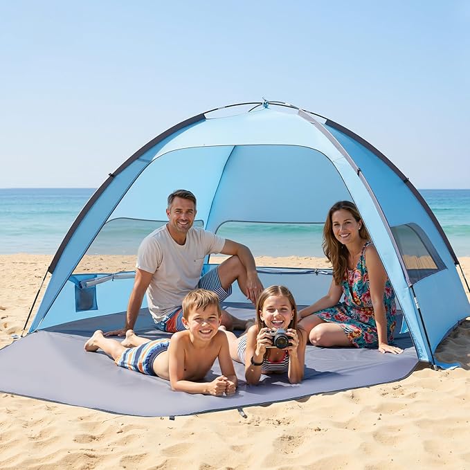 VEVOR Beach Tent Sun Shelter for 4 Person, UPF 50+ Protection, Portable Sun Shade Beach with Carrying Bag & Sand Pockets, Lightweight and Easy Setup Beach Umbrella for Camping Fishing Outdoor Picnic
